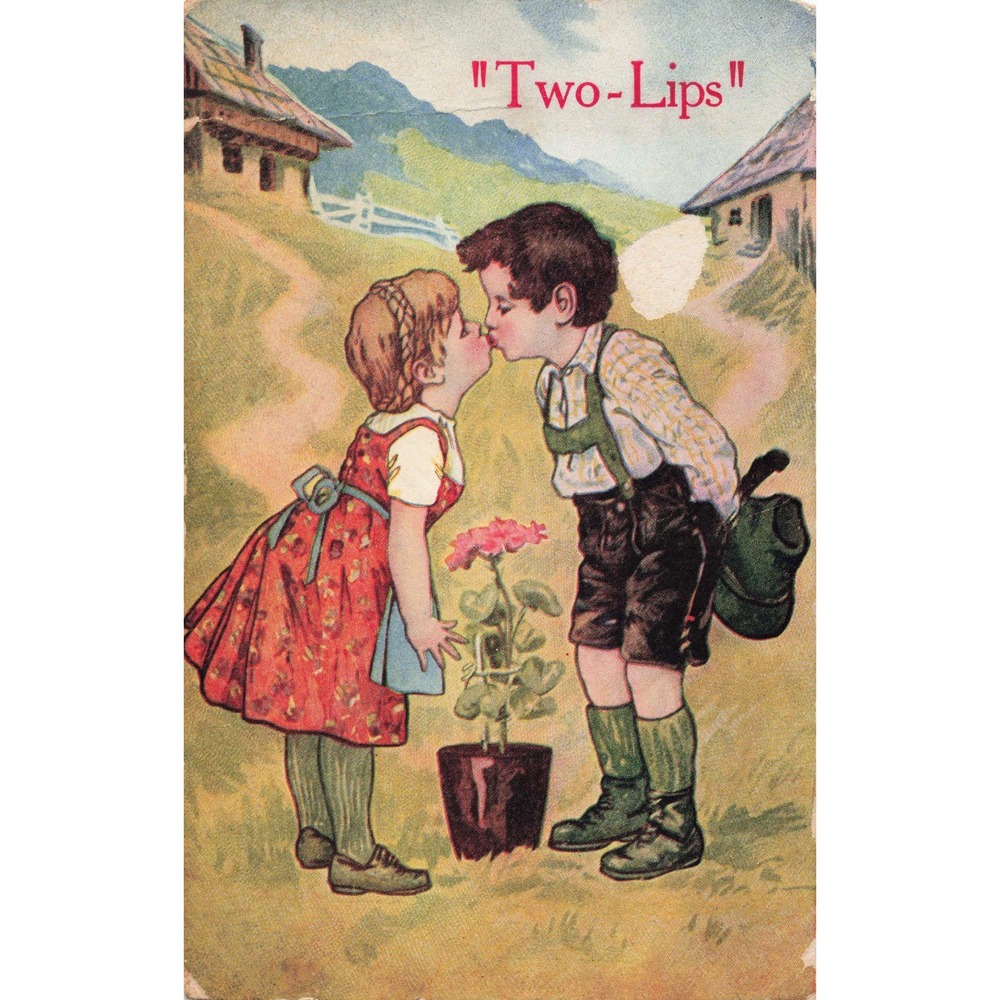 Vintage "Two-Lips" Postcard Children Kissing Alpine Attire Divided Back 1910s